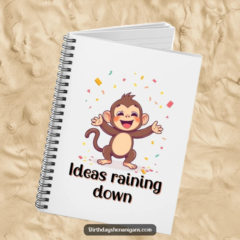 Funny notebook with a kawaii monkey throwing confetti, perfect for jotting down notes and planning festive, fun events.