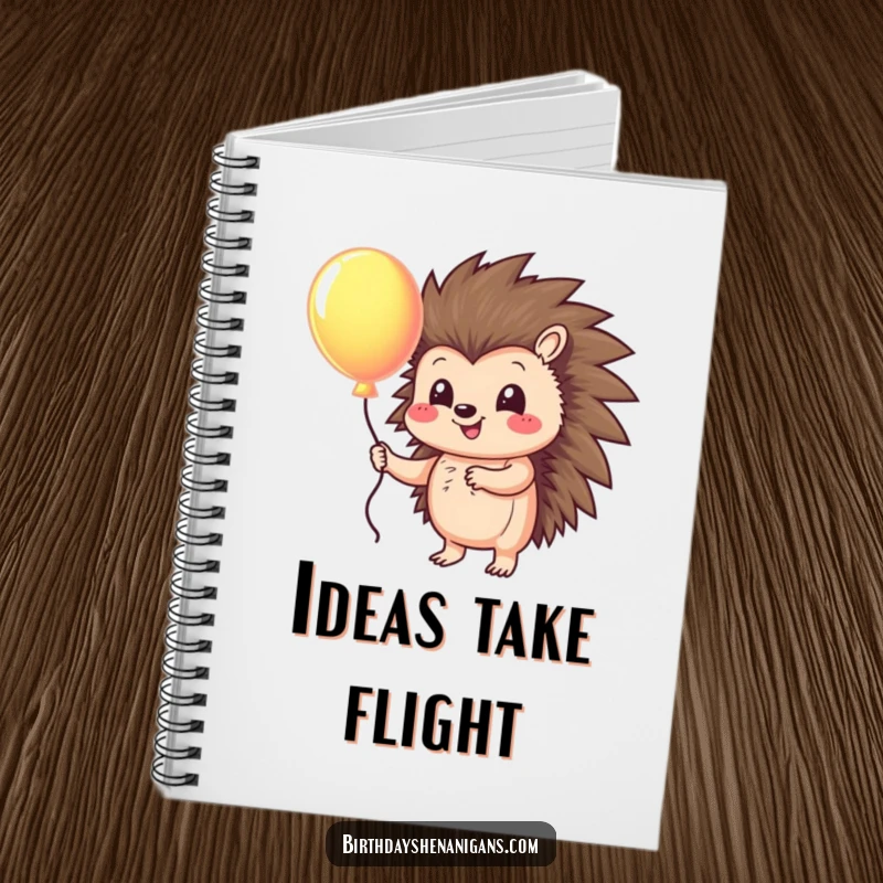 Funny notebook featuring a cheerful hedgehog character holding a bright balloon, inspiring happy thoughts and creative ideas.