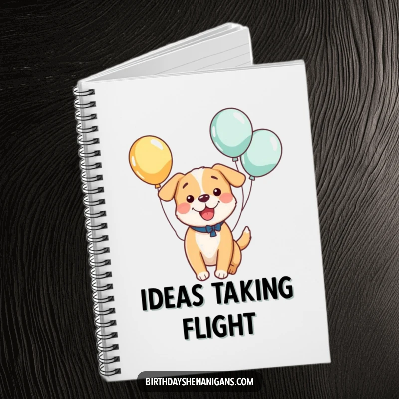 Funny notebook with a kawaii dog bouncing with balloons, designed for jotting down notes with a dose of canine charm and humor.