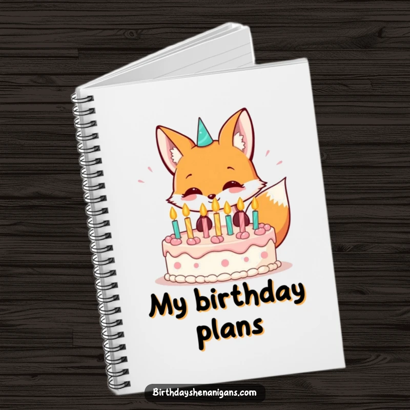 Funny kawaii fox grinning and blowing out birthday cake candles, adorning a notebook.