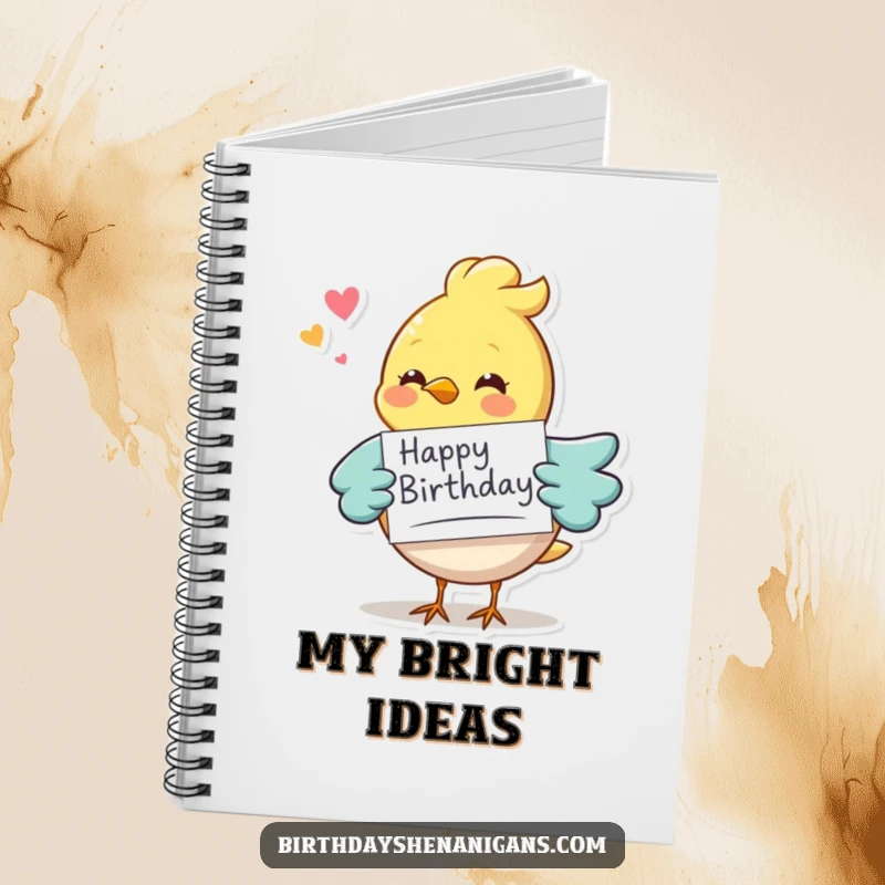 Funny whimsical bird character delivering a birthday card, spiral notebook, perfect for birthday planning and journaling.