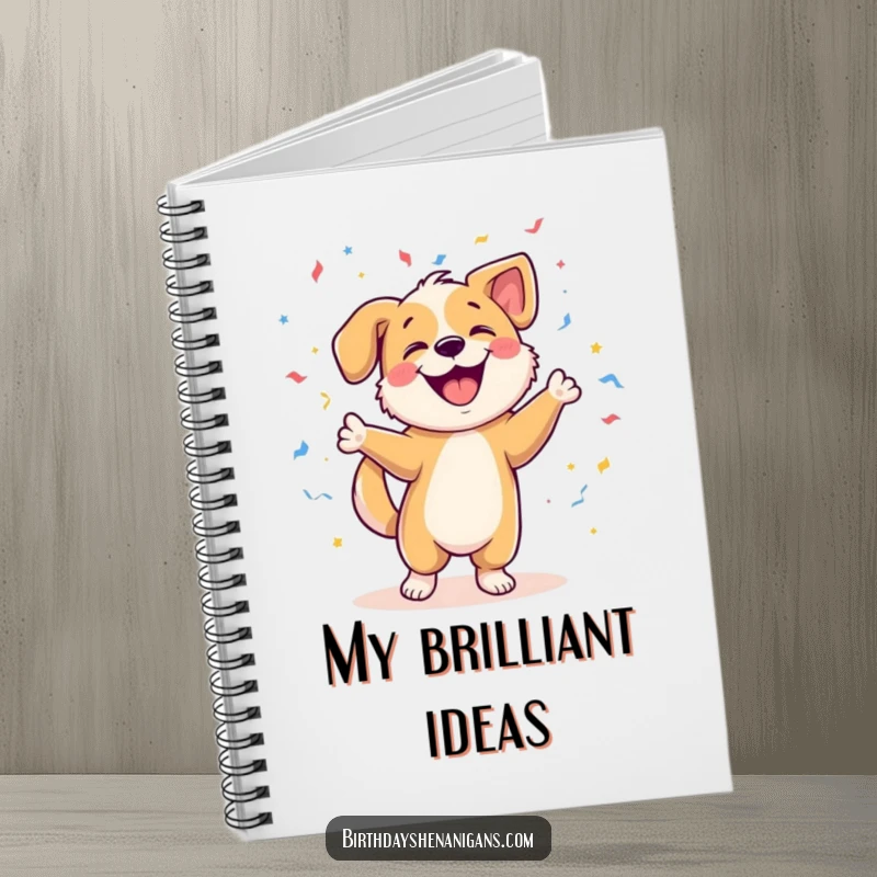 Funny notebook cover featuring a dog character celebrating with a lively dance and confetti, perfect for capturing joyful ideas.