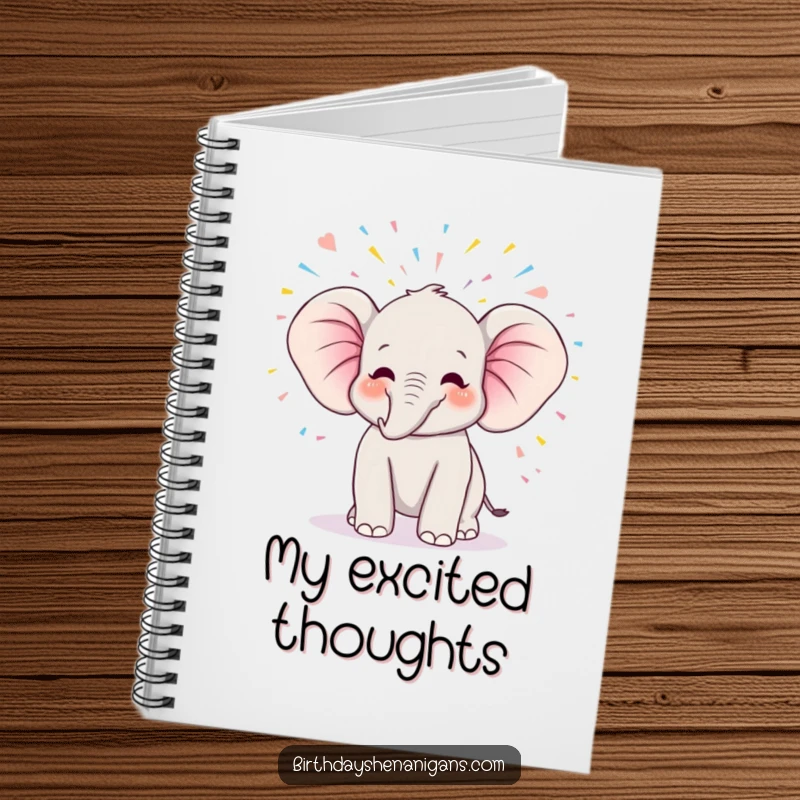 Funny kawaii elephant character trumpeting joyfully, surrounded by streamers, on the cover of a cute notebook.