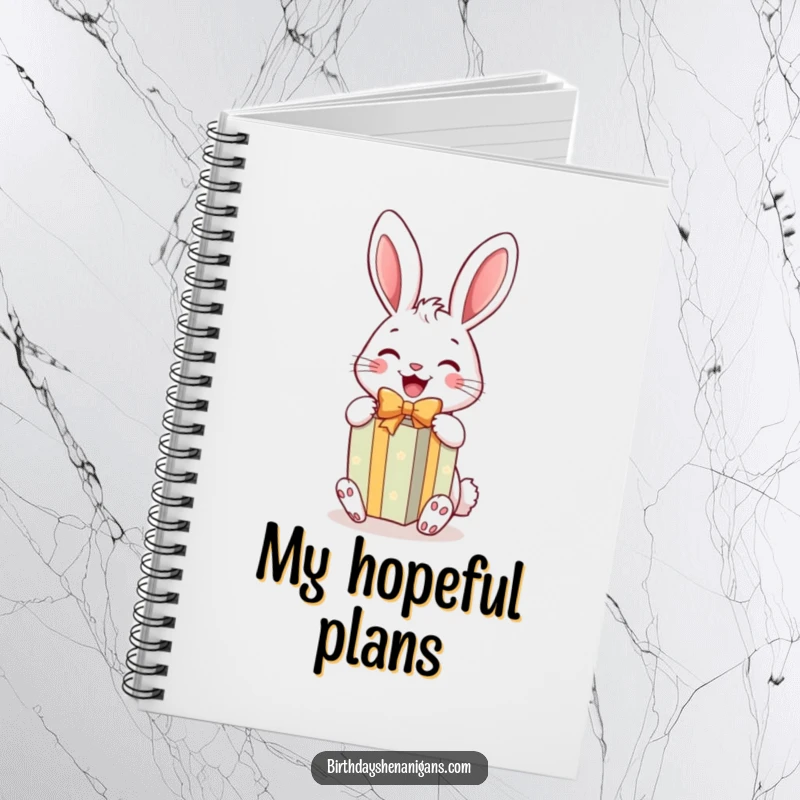 Funny Rabbit Gift Notebook: A cheerful rabbit joyfully unwraps a bright gift, perfect for jotting down funny ideas.