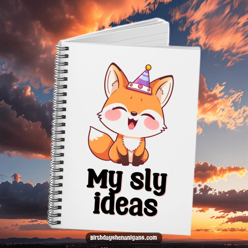 Funny notebook featuring a giggling fox wearing a party crown askew, perfect for jotting down ideas and secrets.