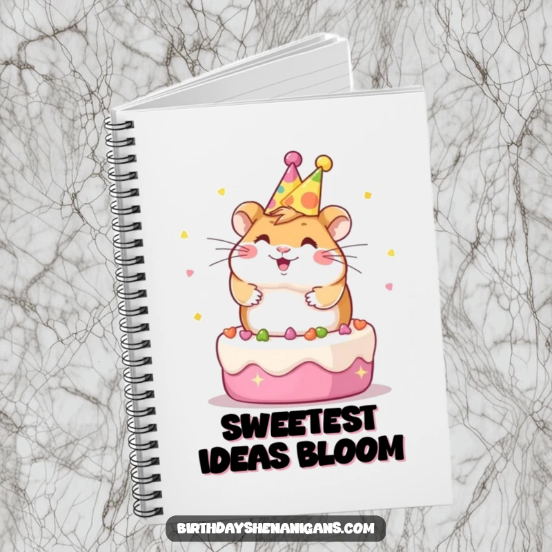 Funny Kawaii hamster in a party hat, spinning on a cake, ideal for jotting down plans in this cute notebook.