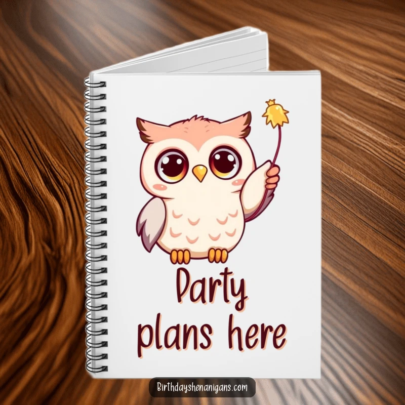 Funny Kawaii owl with wide eyes, reaching for streamers, perfect for jotting down party plans in this cute notebook.