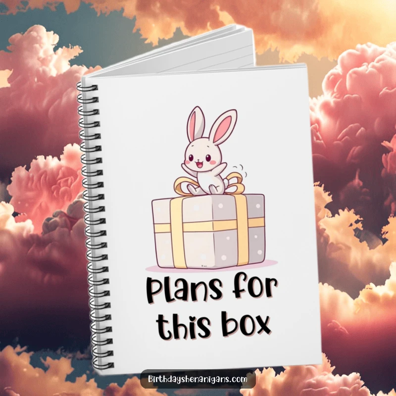 Funny notebook featuring a kawaii bunny bouncing happily on a giant present, perfect for jotting down notes and happy ideas.