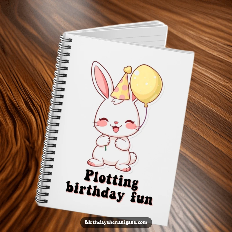 Funny birthday notebook with a cheerful bunny wearing a party hat and holding a balloon, ideal for notes and sketches.