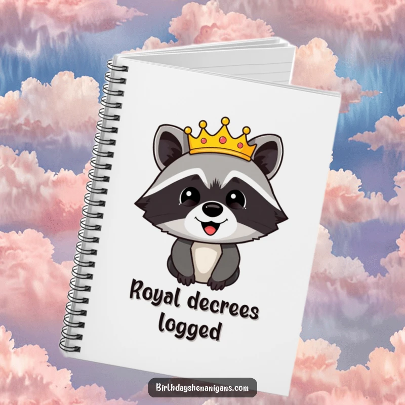 Funny notebook featuring a happy raccoon character wearing a festive crown, inspiring regal thoughts and creative writing.
