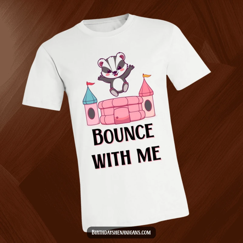Funny t-shirt graphic of an enthusiastic badger leaping exuberantly on a vibrant bouncy castle, radiating pure happiness.
