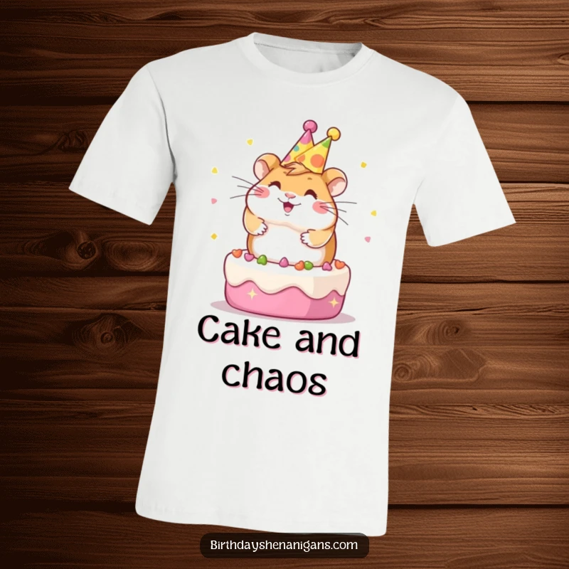 Funny Kawaii hamster in a party hat, spinning joyfully on a decorated cake, depicted on a fun and whimsical t-shirt.