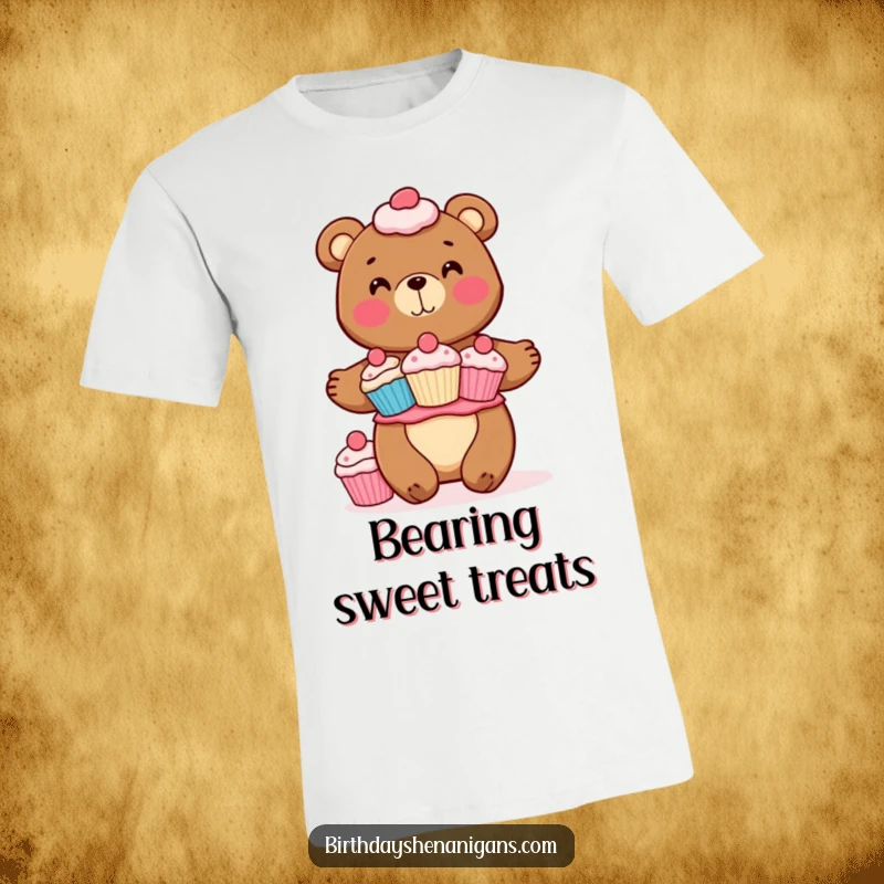 Funny t-shirt with a cheerful bear character expertly balancing a precarious stack of yummy cupcakes. A celebration of sweet indulgence.