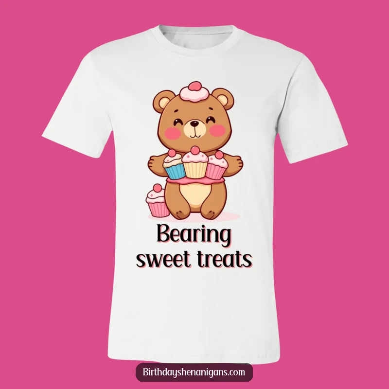 Funny Bear Cupcake T-Shirt: Cheerful Baker Balancing Treats, Comfy Fun!