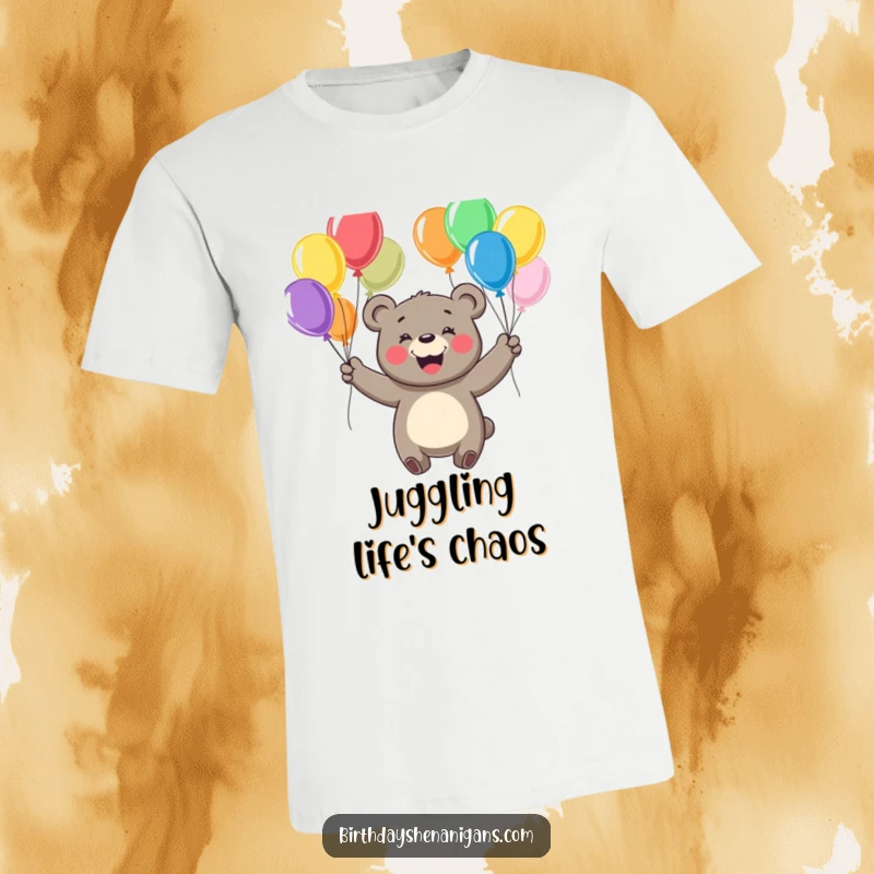 Funny t-shirt showing a cheerful bear with a wide smile, expertly juggling multiple colorful balloons.