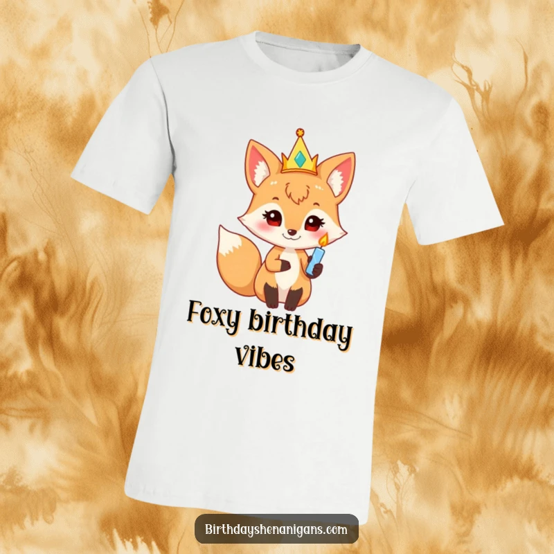 Funny curious fox with party crown holding a twinkling candle, ready for birthday wishes, humorous t-shirt for celebrations.