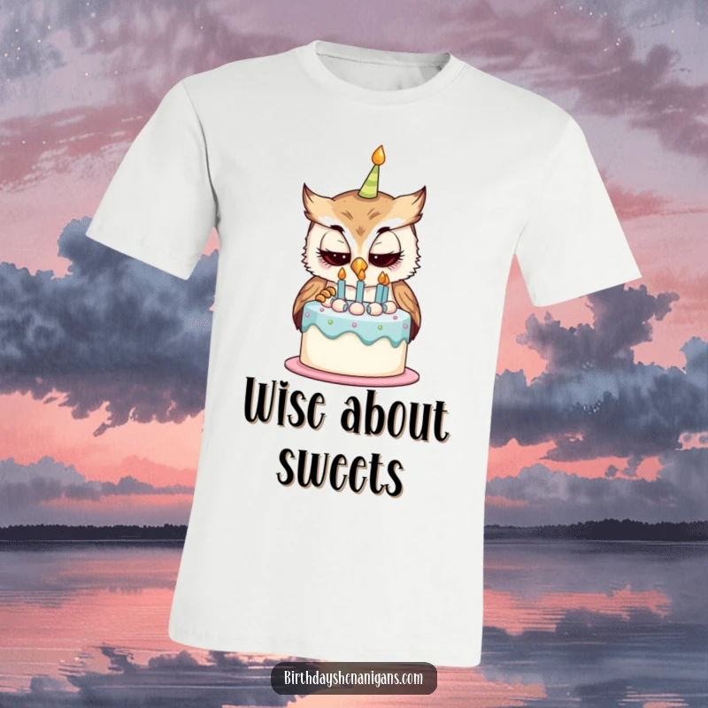 Funny t-shirt with a curious owl character peeking at a birthday cake, symbolizing playful curiosity and a love for treats.