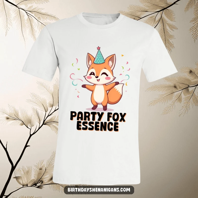 Funny Fox T-Shirt: Cheerful character dances with streamers and a sparkly hat, a humorous celebration.
