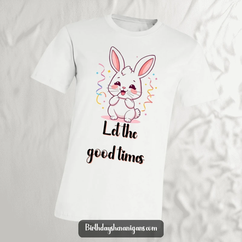 Funny kawaii bunny t-shirt featuring a joyful bunny blowing party streamers, radiating festive cheer.