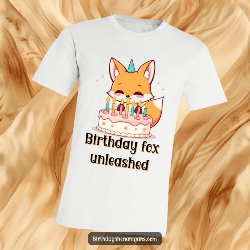 Funny kawaii fox grinning while blowing out birthday cake candles on a comfortable t-shirt.