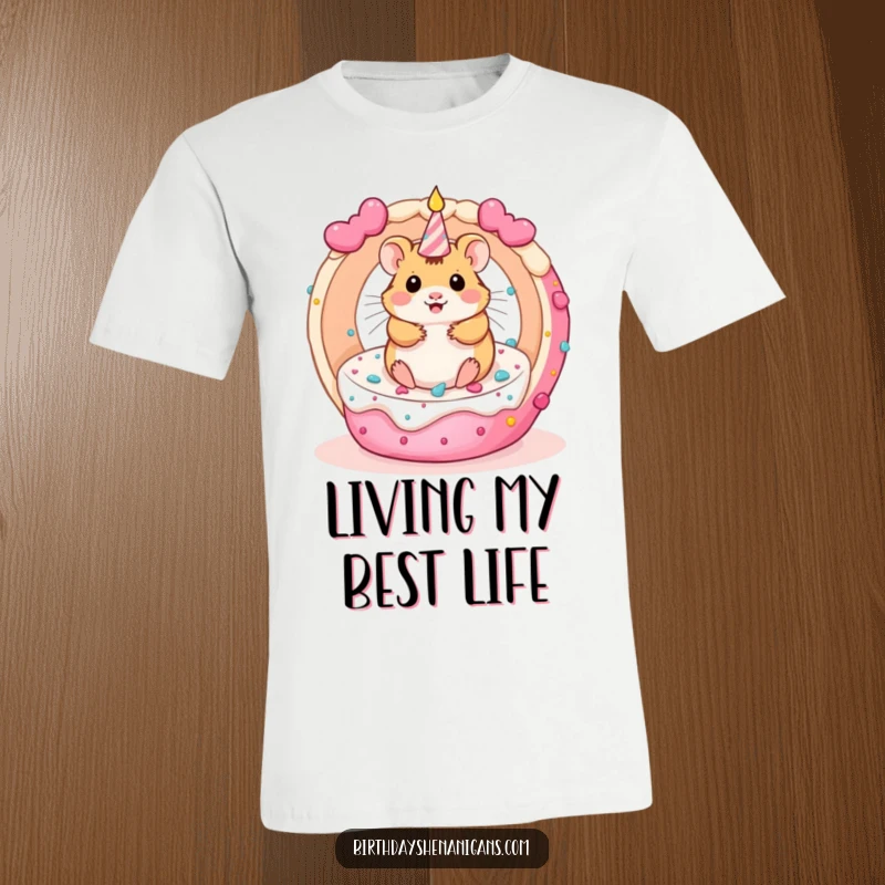 Funny kawaii hamster spinning inside a rolling birthday cake, perfect for a humorous t-shirt design.