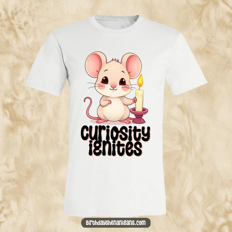 Funny kawaii mouse holding a single lit candle with a curious expression, printed on a t-shirt.
