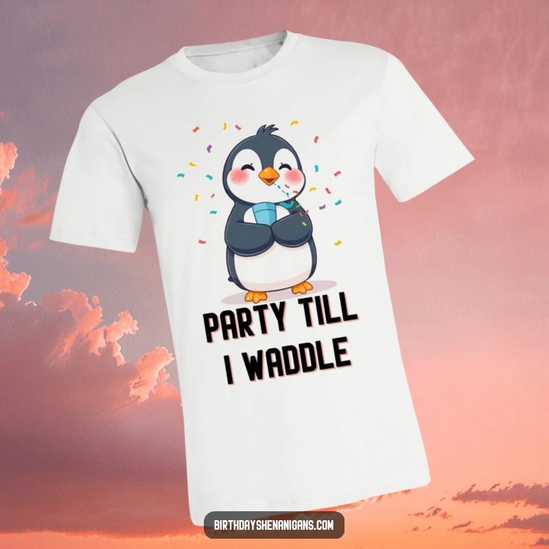Funny t-shirt with a wobbly penguin launching a confetti popper with gusto, creating a festive shower of color.