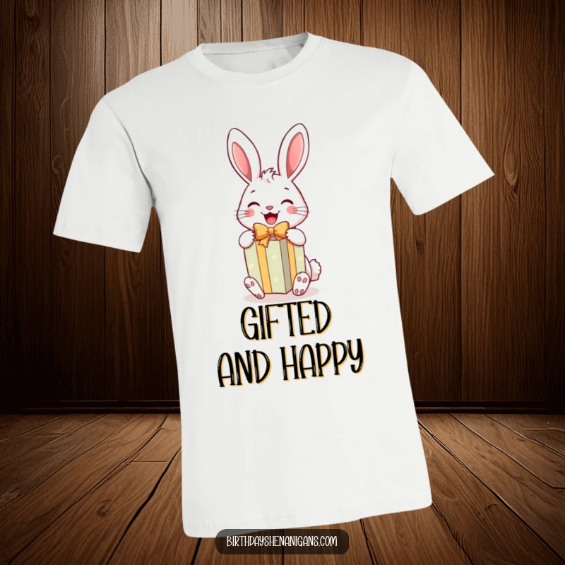 Funny Rabbit Gift T-Shirt: A cheerful rabbit joyfully unwraps a bright gift, spreading hilarious happiness.