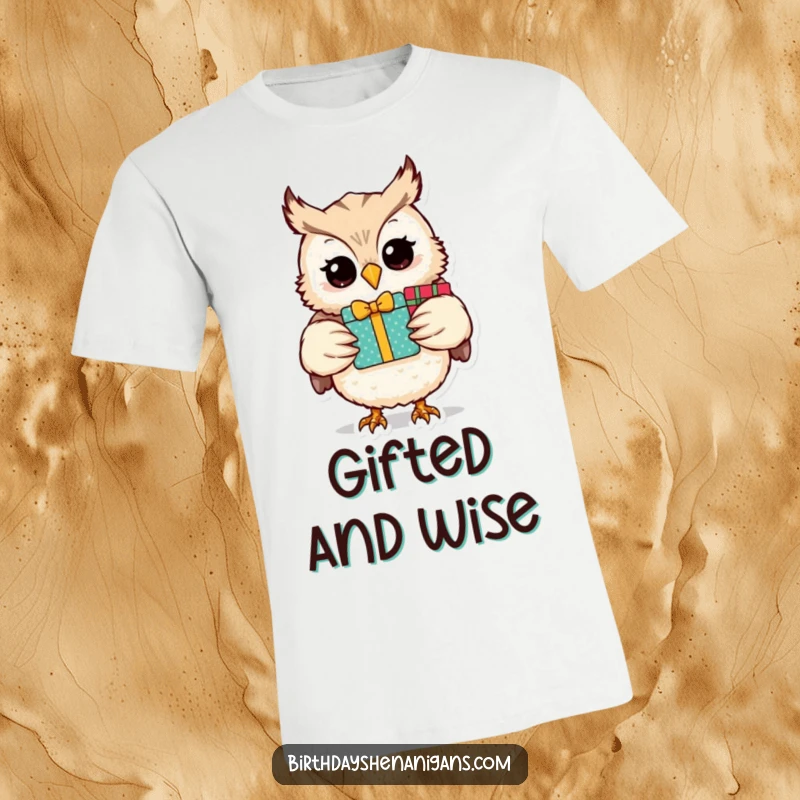 Funny owl character balancing a huge stack of wrapped presents, looking delighted and ready to share.