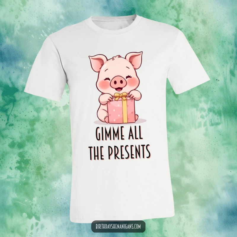 Funny Kawaii Pig T-Shirt: A happy pig with rosy cheeks joyfully unwraps a gift, showcasing pure excitement in a funny design.