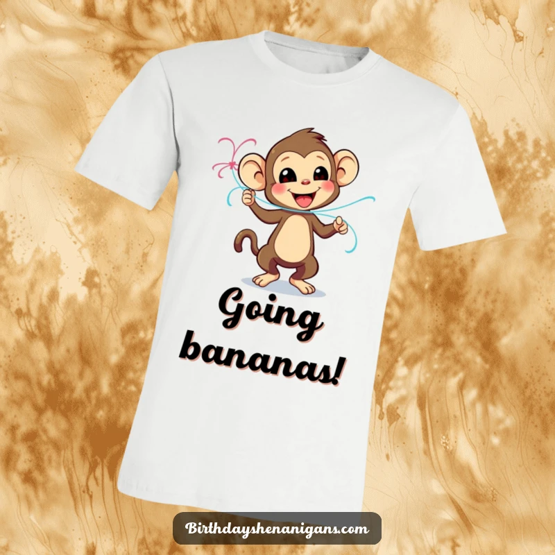 Funny t-shirt with a playful monkey character energetically dancing with a vibrant streamer, celebrating with infectious glee.