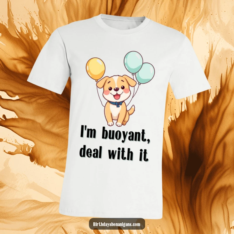 Funny t-shirt showcasing a kawaii dog with balloons attached to its tail, energetically bouncing with pure happiness, a superb funny gift.