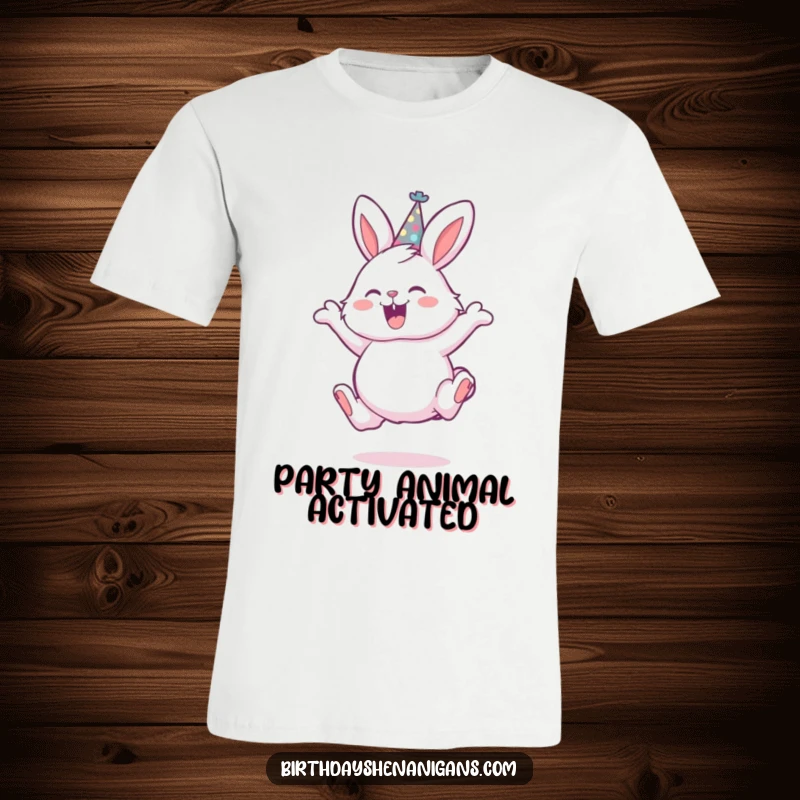 Funny t-shirt showcasing a fluffy bunny in a party hat, captured mid-leap with ecstatic, party-ready energy.