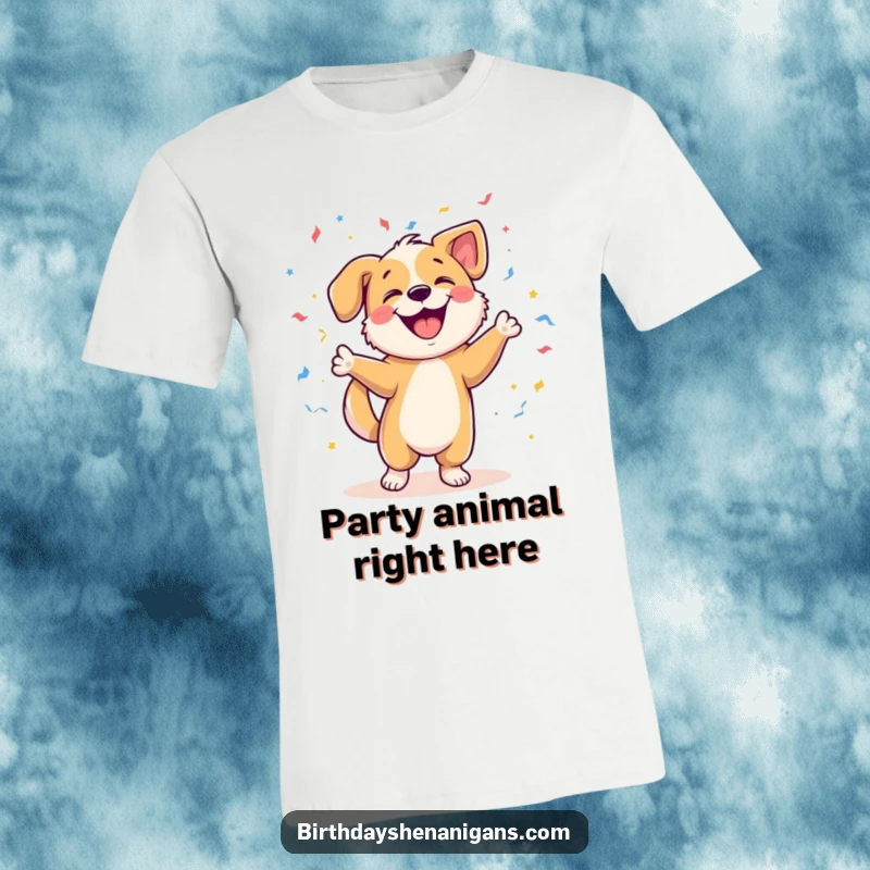 Funny t-shirt showcasing an ecstatic dog character caught mid-dance, joyfully kicking up a storm of confetti. A celebration of pure canine delight.