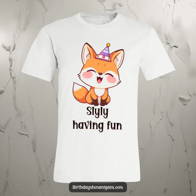 Funny t-shirt showcasing a giggling fox with a party crown tilted comically to the side, looking playfully mischievous.