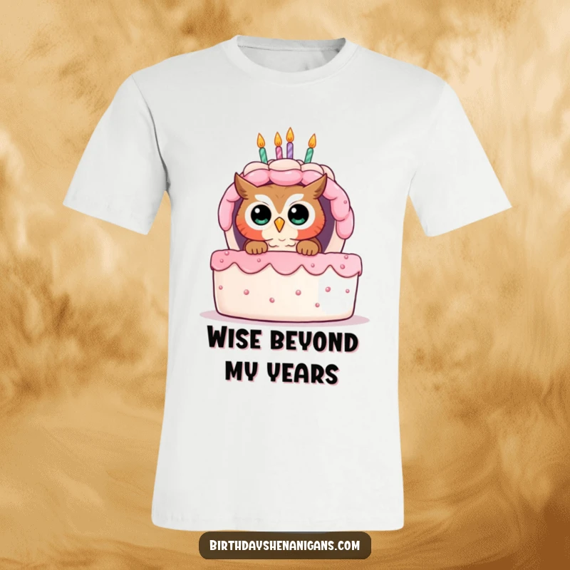 Funny t-shirt showing a curious owl peeking from behind a massive birthday cake, looking intrigued and ready for a treat.
