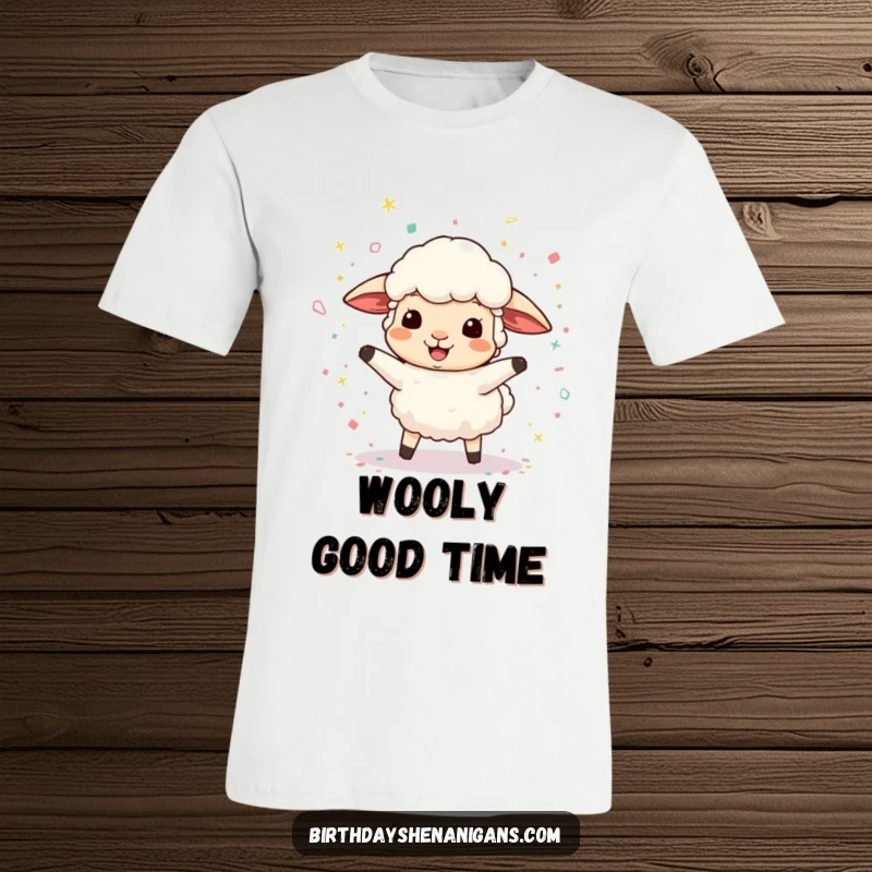 Funny t-shirt featuring a bouncy sheep character joyfully scattering confetti, radiating happiness and playful energy.