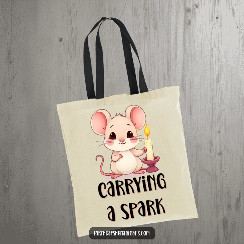 Funny kawaii mouse holding a single lit candle with a curious expression on a durable tote bag.