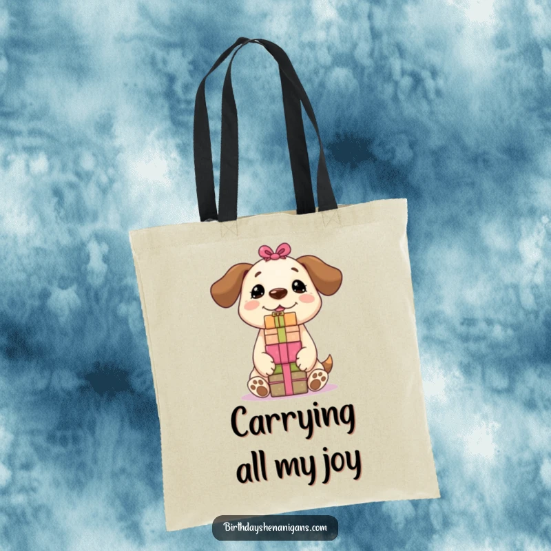 Funny Kawaii dog balancing a tall stack of colorful gifts on its nose, ready for shopping, cute and functional tote.