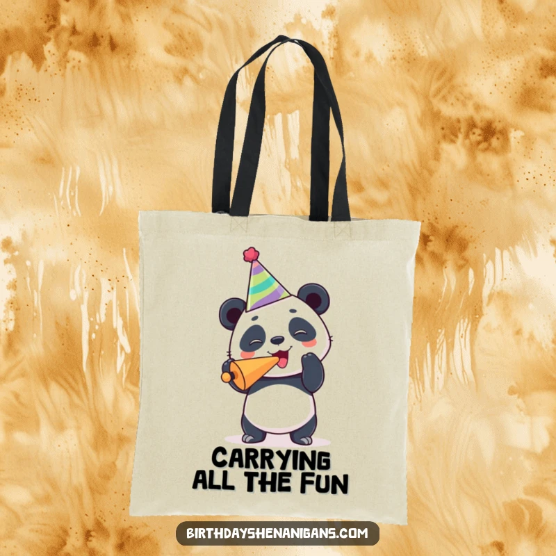 Funny panda tote bag, joyous, wearing party hat, blowing noisemaker, celebrating, carrying essentials with humor.