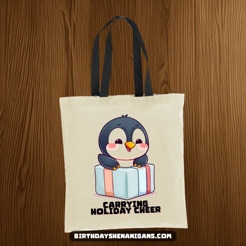 Funny penguin tote bag, cheerful, sliding down wrapped gift, winter theme, carrying essentials, cute and humorous.