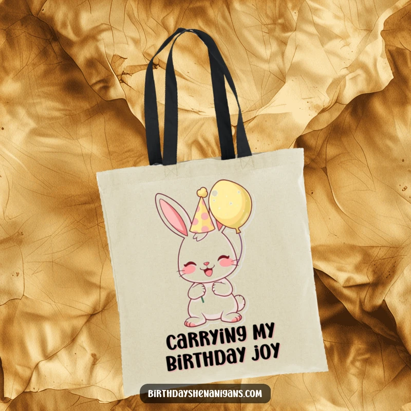 Funny birthday tote bag designed with a cheerful bunny character wearing a hat and holding a balloon, ready to party.