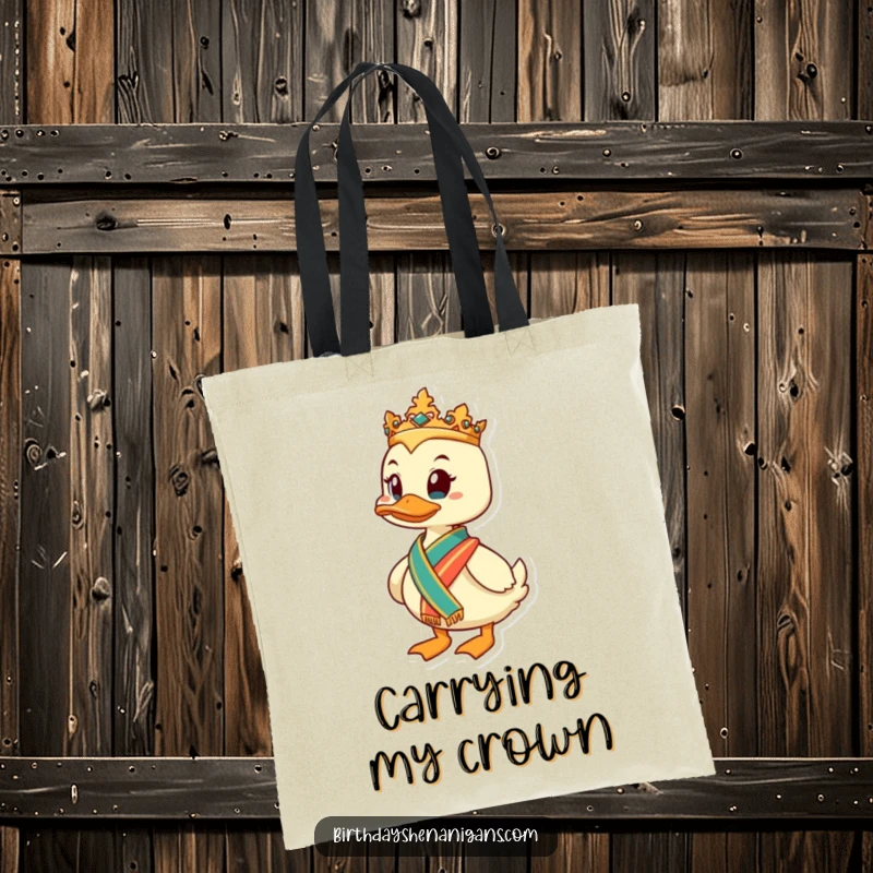 Funny Duck Tote Bag: A regal duck with a sash carries essentials, perfect for leaders, a practical funny gift.