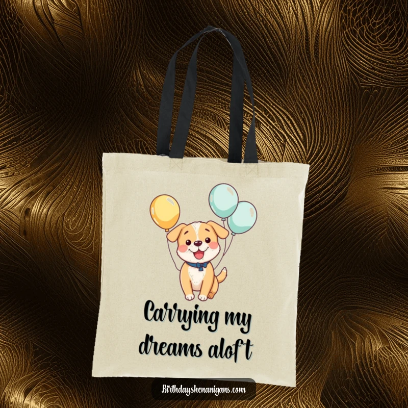 Funny tote bag featuring a bouncing kawaii dog with balloons, perfect for carrying essentials with a dose of playful, charming humor.