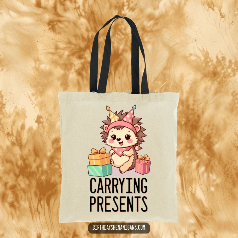 Funny Hedgehog Tote Bag: Happy character rolls towards presents, a stylish and humorous accessory.