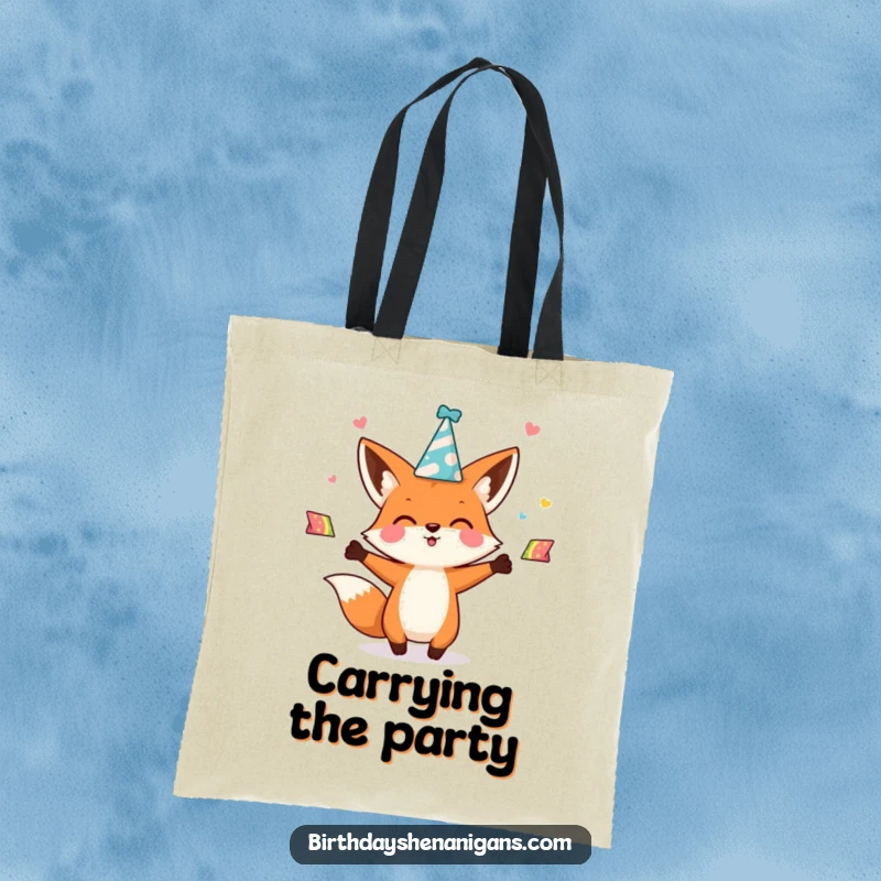 Funny kawaii fox character enthusiastically juggling party hats on a tote bag, perfect for carrying items with a dose of playful charm.