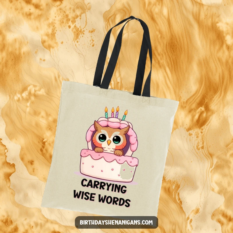 Funny tote bag illustrating a curious owl peeking from behind a giant birthday cake, ready for sweet discoveries.