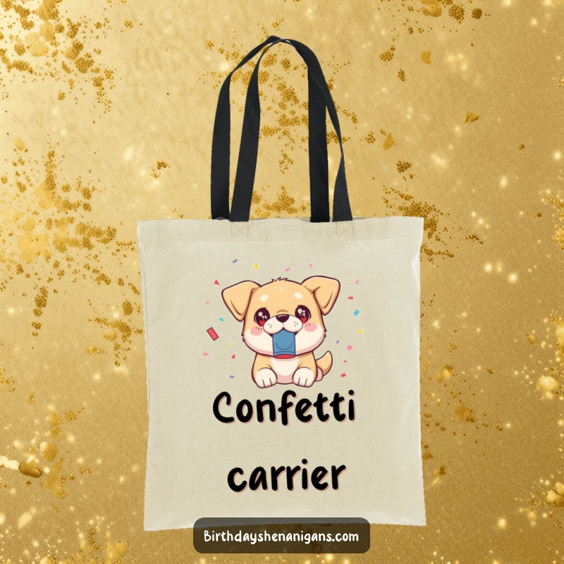 Funny kawaii dog with sparkling eyes launching confetti from a popper on a durable tote bag.