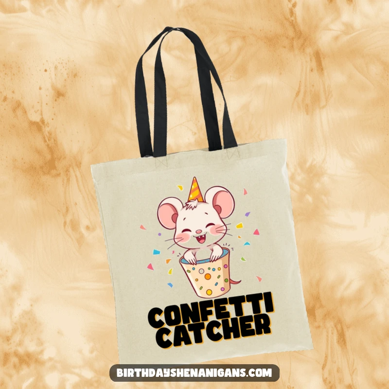 Funny mouse popping out of a party popper, confetti flying, a durable and humorous tote bag for celebrations.