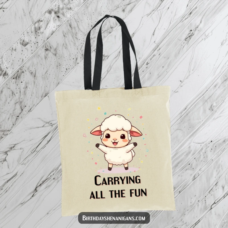 Funny tote bag with a jubilant sheep character playfully tossing confetti, perfect for carrying groceries and good vibes.
